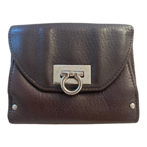 Salvatore Ferragamo Handbags - Salvatore Ferragamo Brown Leather Front Slap Compact Wallet with Coin Pocket